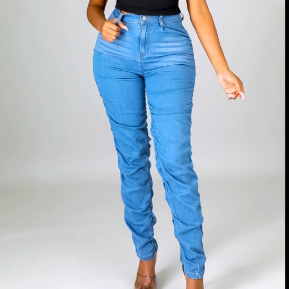Labijou Boujee Chic Ruche Sides Scrunched Jeans Womens M Medium Blue Stacked - Picture 9 of 16